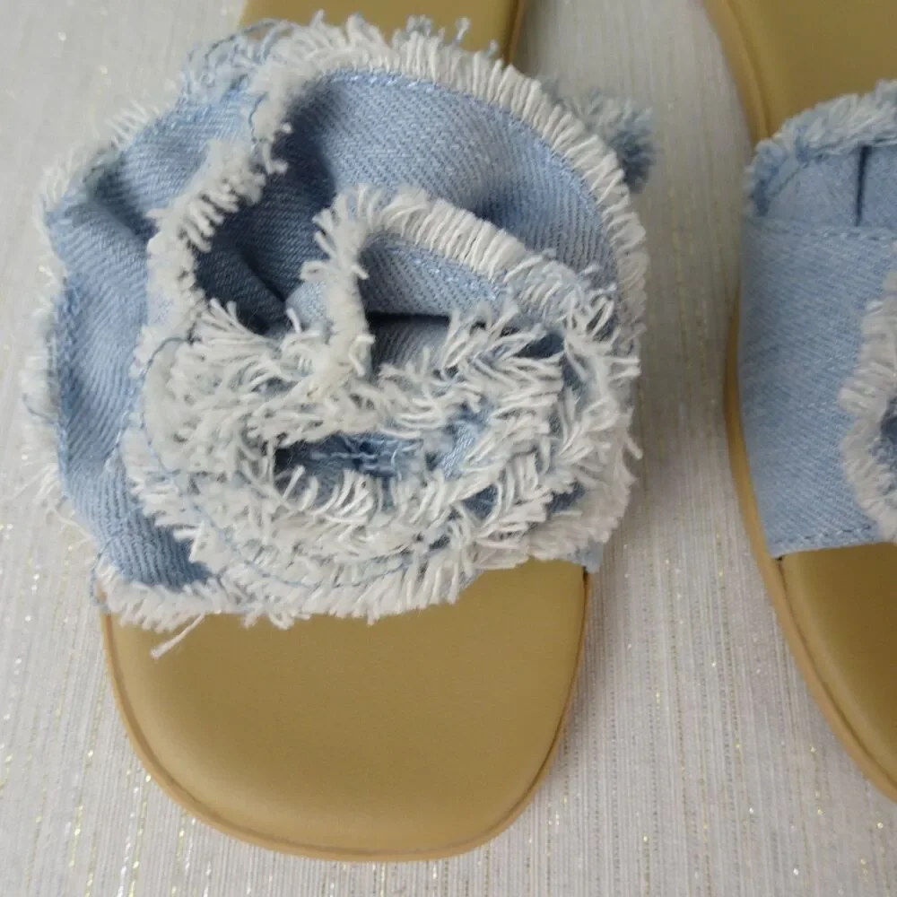 Kate Spade Women's Flourish Denim Flower Flat Sandals Slip Ons Flower New 7.5